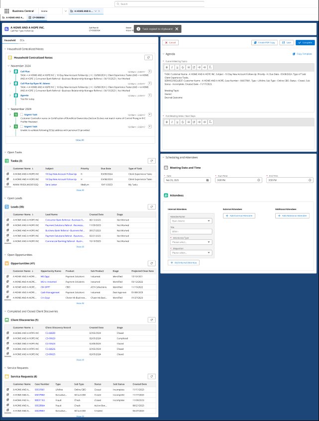 Call Plan split view — left context panel showing Household Centralized Notes with KYC Urgent Tasks flagged, Open Tasks, 35 Leads, 41 Opportunities, Client Discoveries, Service Requests. Right panel showing Agenda editor with Topics to Discuss, Post Meeting Notes, Scheduling and Attendees with date/time fields and Internal/External/Additional attendee columns.