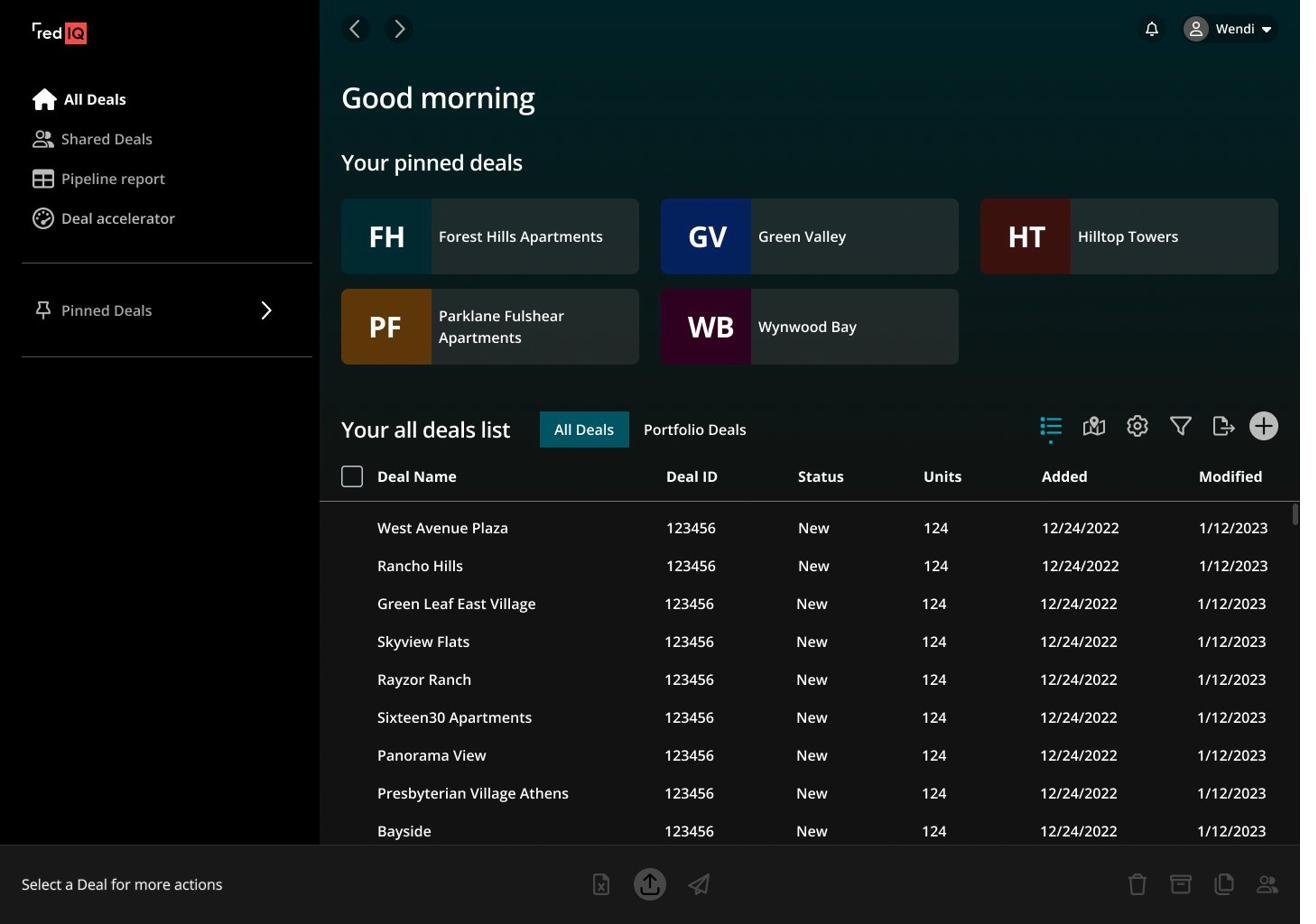 RedIQ deal management dashboard showing pinned deals and deal list