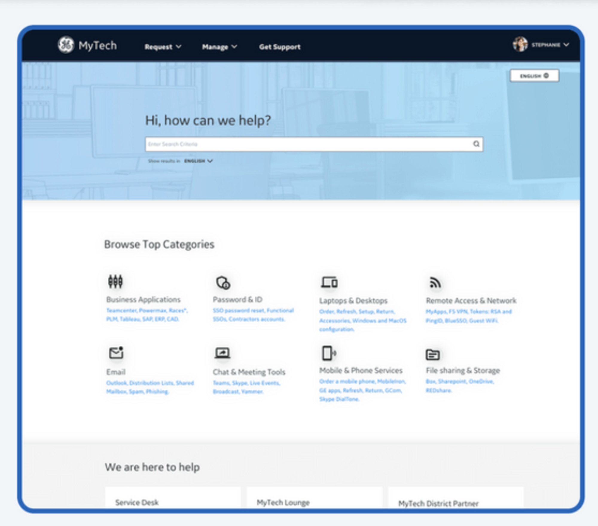 MyTech Get Support page with search, categories, and help options