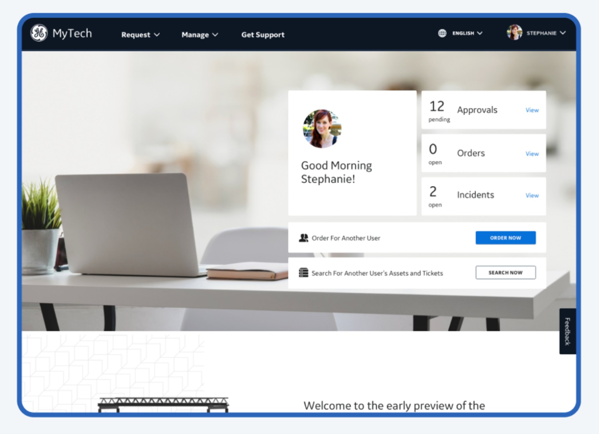 MyTech personalized homepage showing approvals, orders, incidents, and quick actions