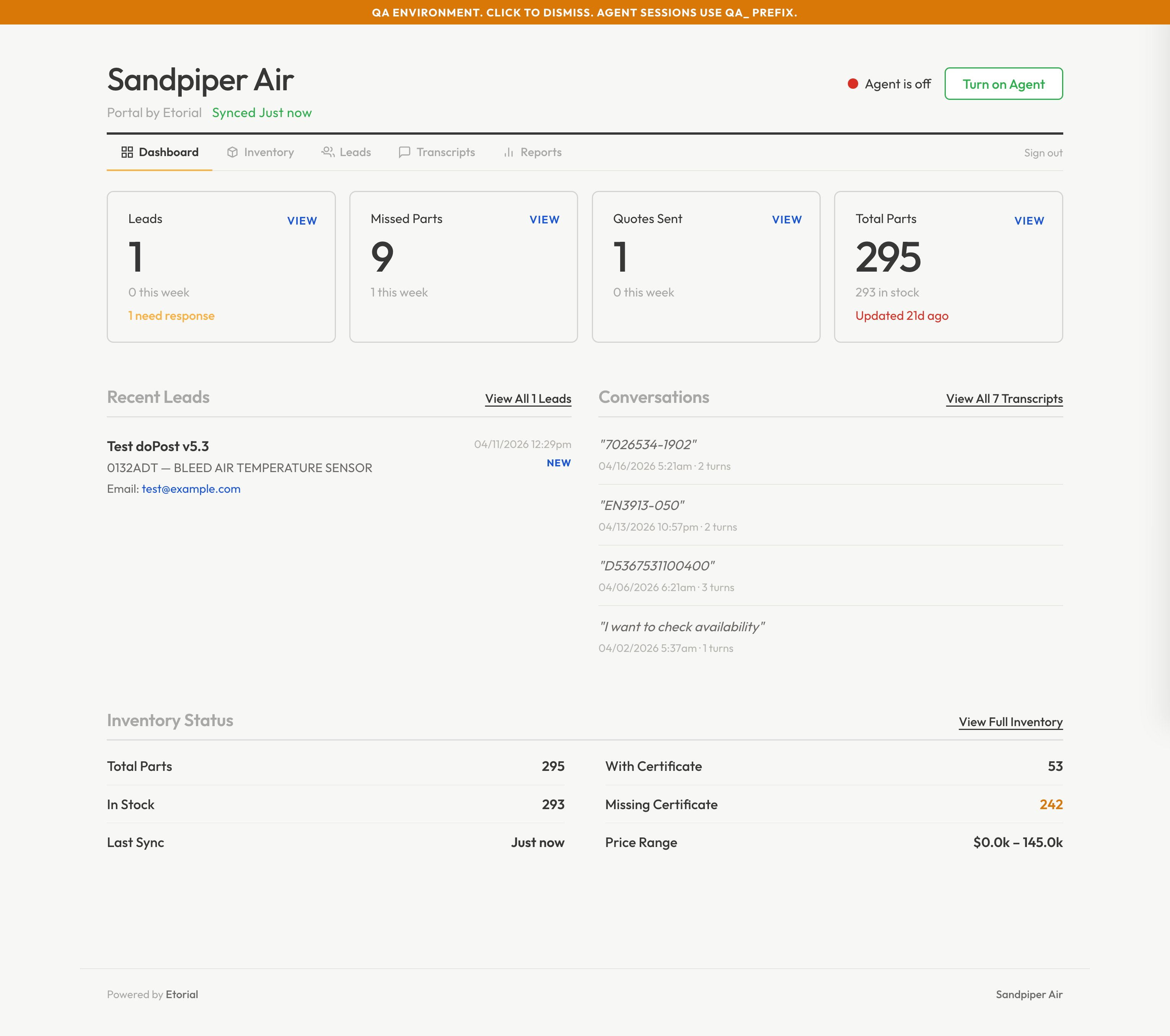 Operator dashboard with leads, missed parts, quotes sent, and inventory metrics (QA environment)