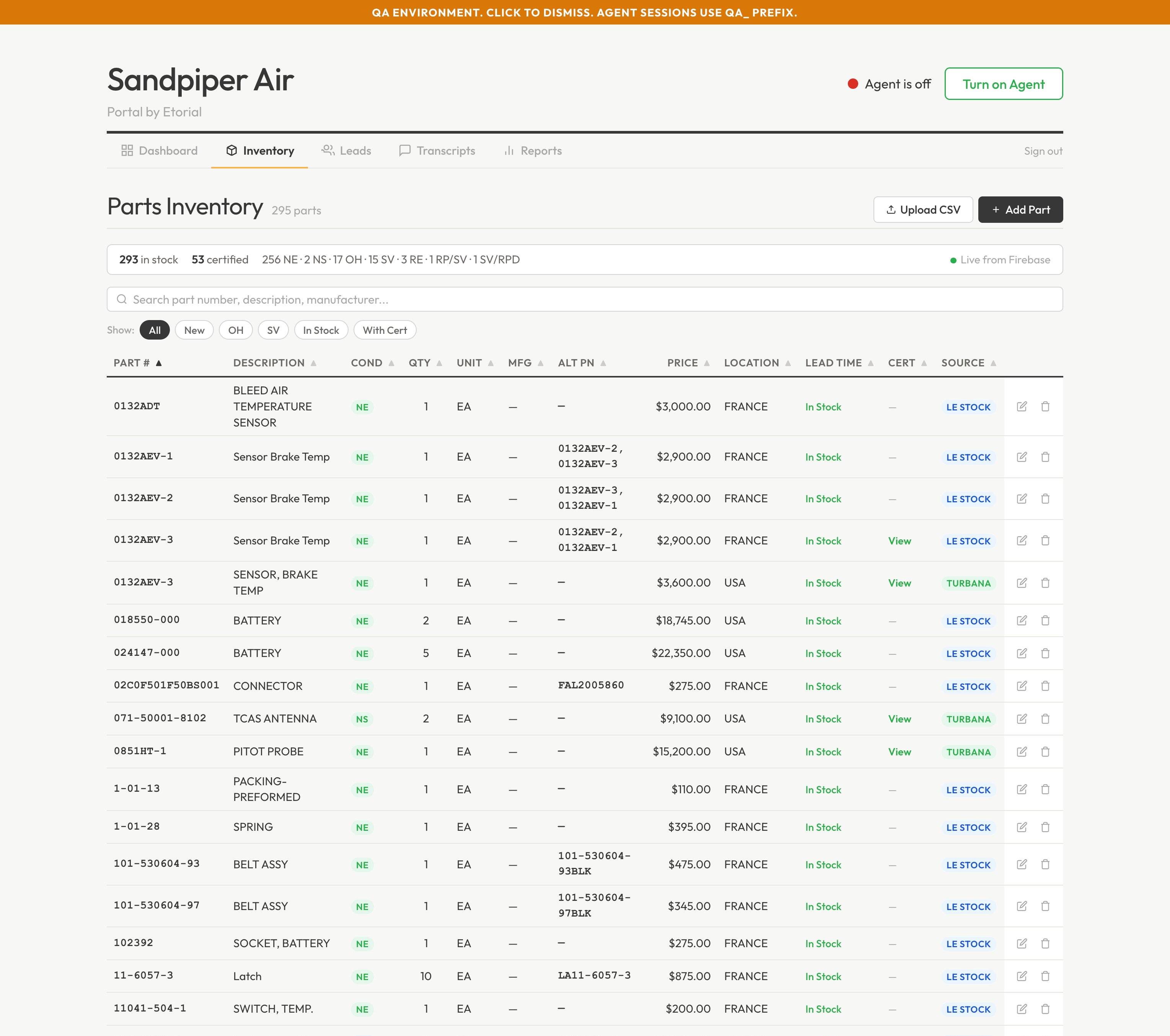 Parts inventory management (QA environment)