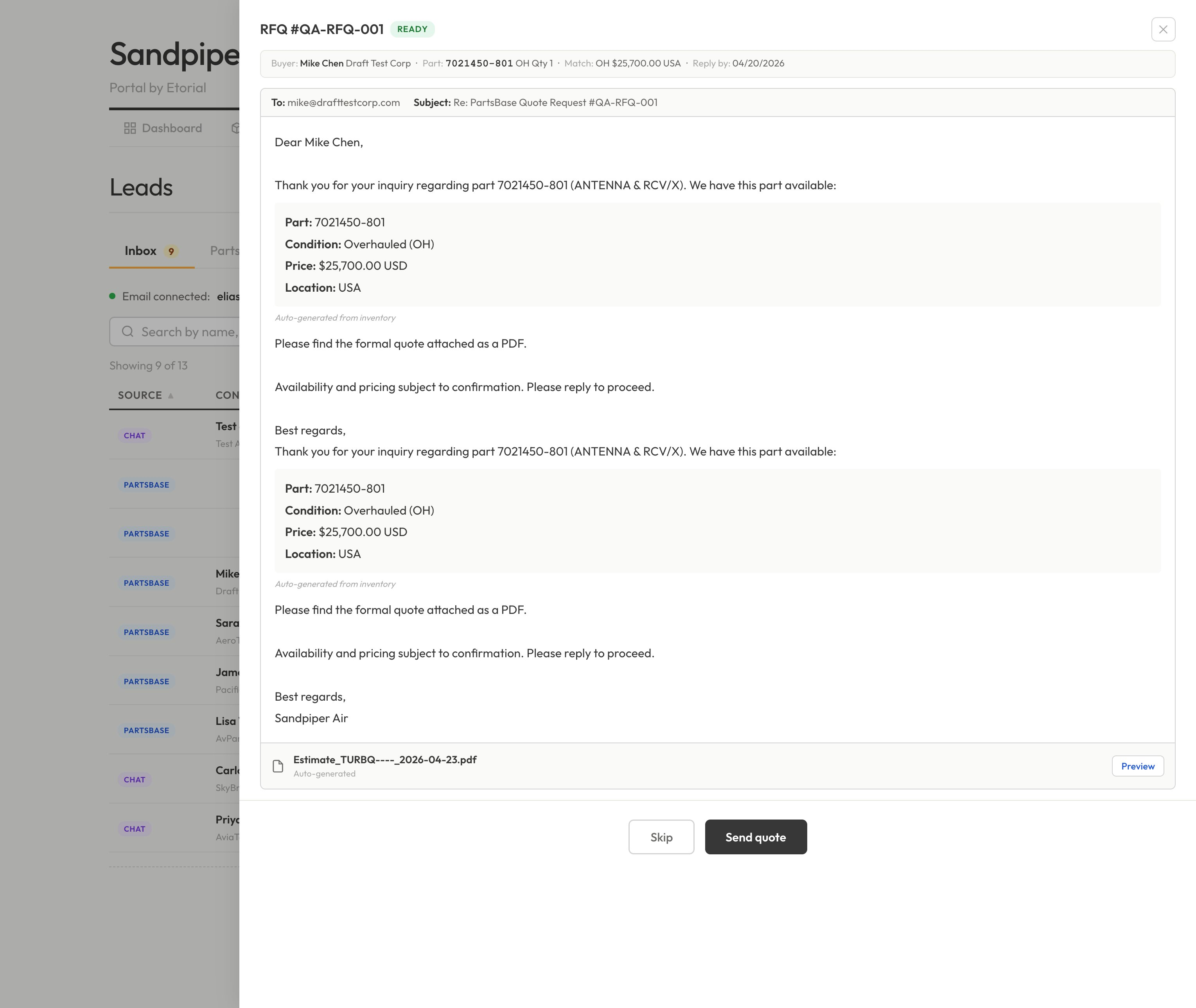 RFQ detail view with auto-drafted quote and Send/Skip actions (QA environment)