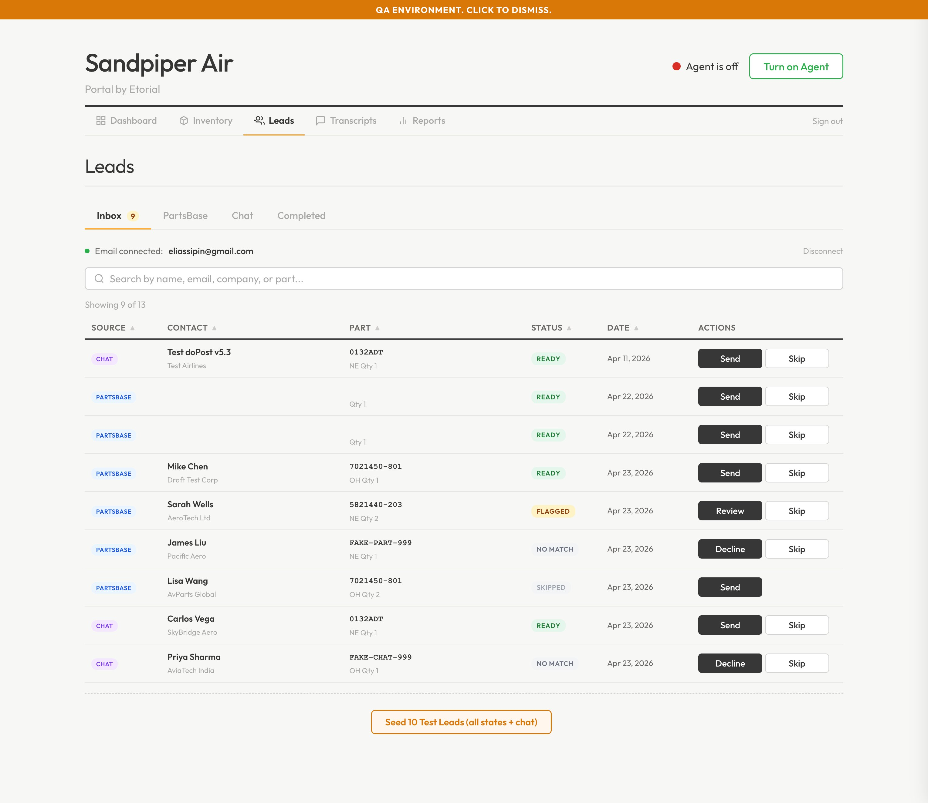 RFQ Inbox queue with six states active (QA environment)