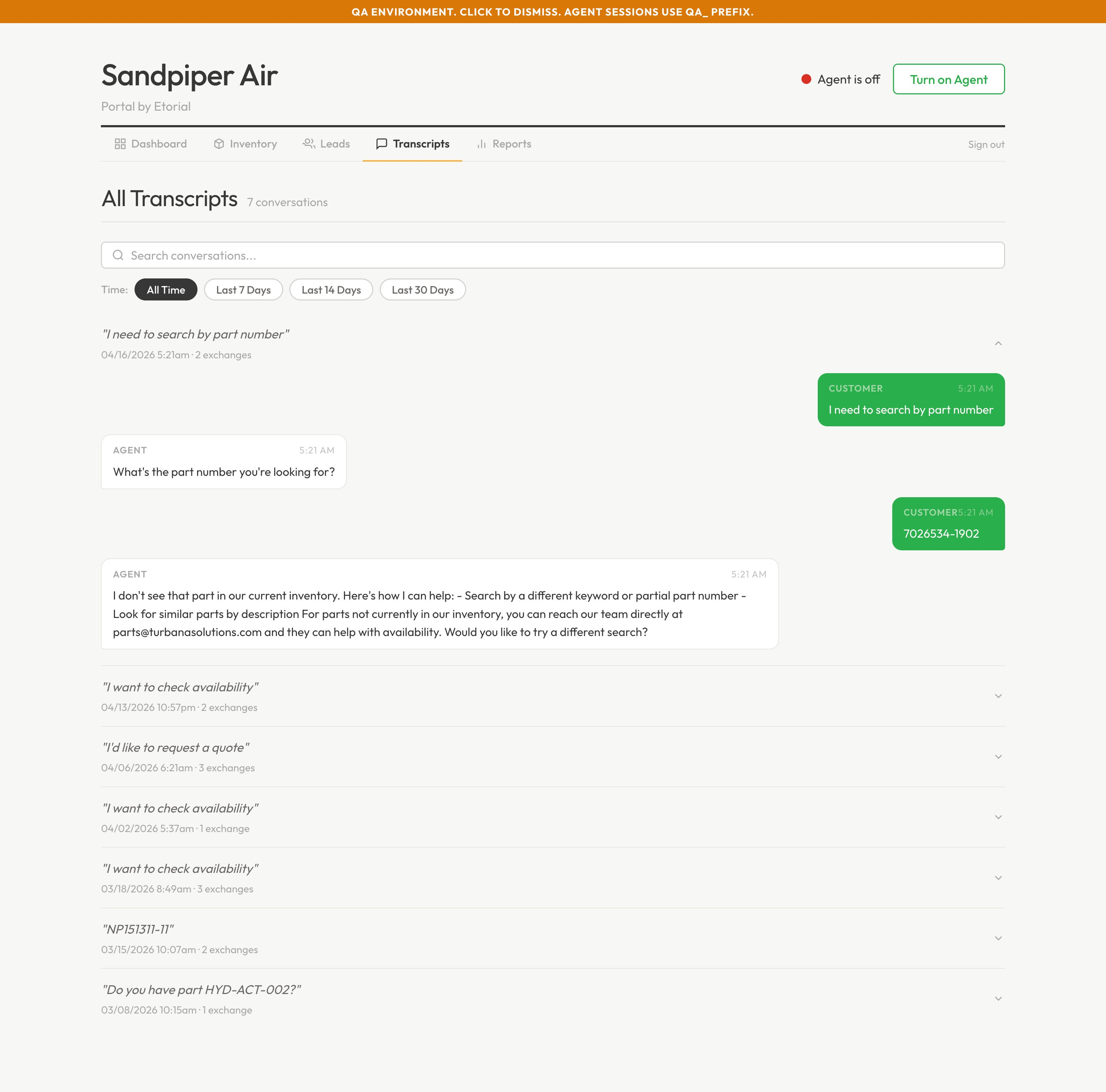 Expanded conversation transcript (QA environment)